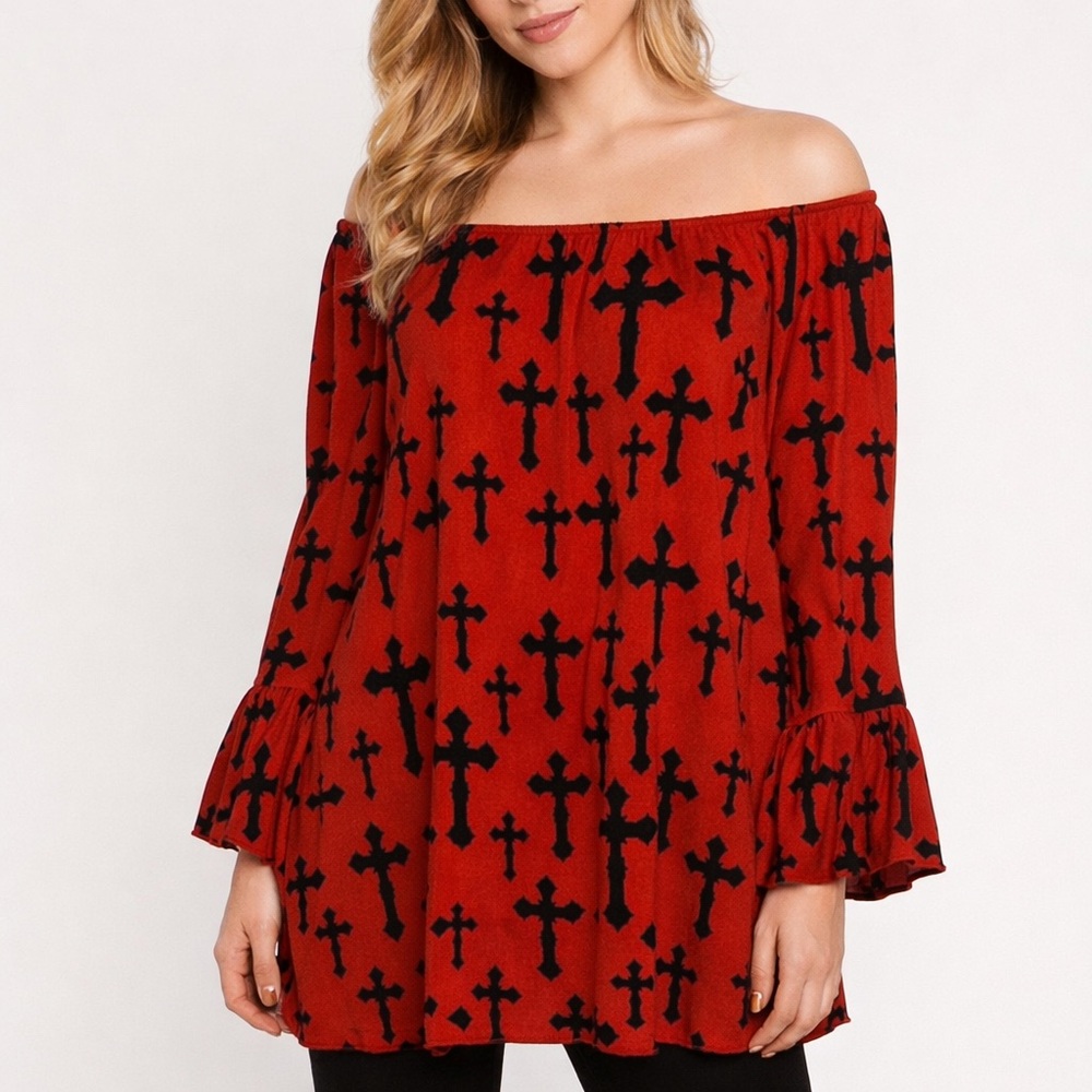REINA Blouse Red Off the Shoulder Long Sleeve Top Black Crosses Womens SZ Medium